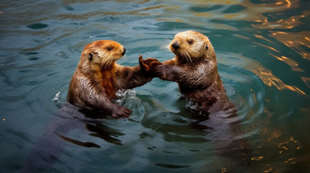 A playful sea otter holding hands with a companion. AI generated illustrationの素材