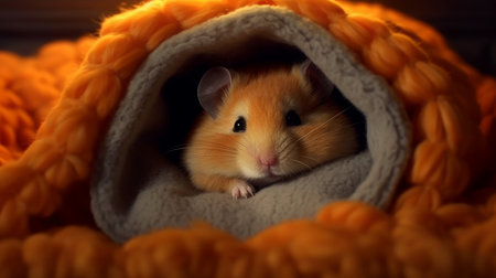 A sleepy hamster tucked away in a cozy hideaway. AI generated illustrationの素材