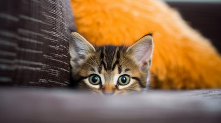 A shy kitten peeking out from behind a couch. AI generated illustrationの素材
