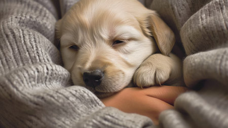 A sleepy puppy cuddling with its owner. AI generated illustrationの素材