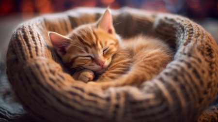 A sleeping kitten curled up in a cozy bed. AI generated illustrationの素材