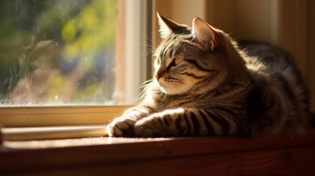 A tabby cat stretching lazily on a windowsill. AI generated illustrationの素材