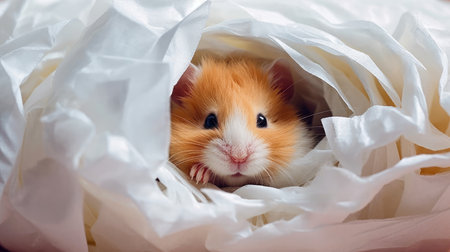 A sleepy hamster curled up in a tissue paper nest. AI generated illustrationの素材
