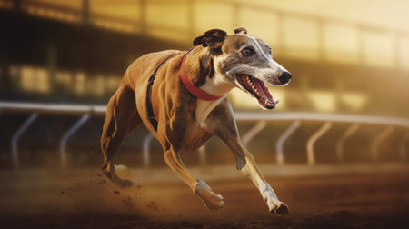 A sleek greyhound racing on a track. AI generated illustrationの素材