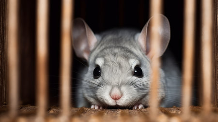 A shy chinchilla peeking out from its cage. AI generated illustrationの素材