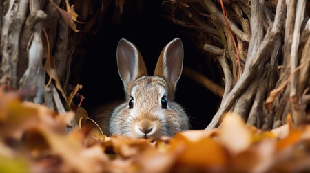 A shy rabbit peeking out of its burrow. AI generated illustrationの素材