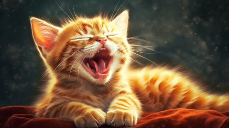 A sleepy cat stretching and yawning. AI generated illustrationの素材