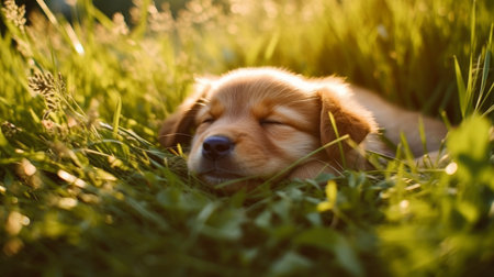 A sleepy puppy dozing off on a sunny patch of grass. AI generated illustrationの素材