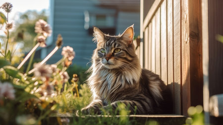A watchful cat keeping an eye on the backyard. AI generated illustrationの素材