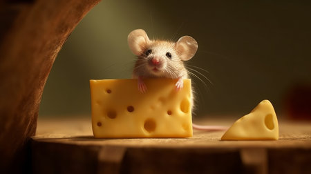 A tiny mouse nibbling on a bit of cheese. AI generated illustrationの素材