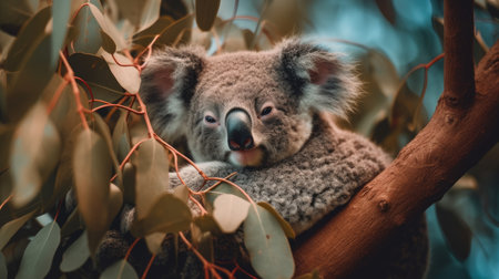 A sleepy koala snuggled in a eucalyptus tree. AI generated illustrationの素材