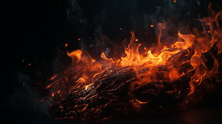 fire flame close up on black background. AI generated illustrationの素材