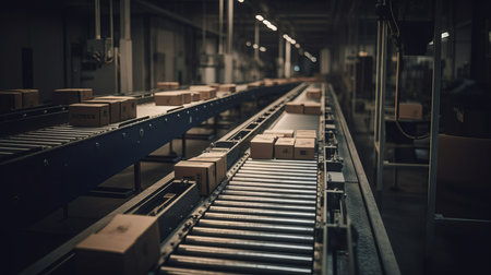 High Tech Factory conveyor belts with cardboard box. AI generated illustrationの素材