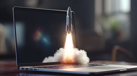 Rocket launch, startup and business concept. Al generated illustration.の素材