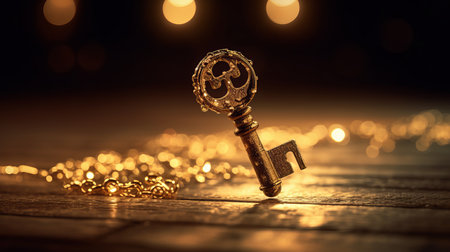 A gold key lies on the ground with a golden sparks background. AI generated illustrationの素材