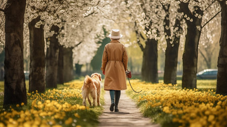 Young woman walking with her dog in a blooming spring garden. AI generated illustrationの素材