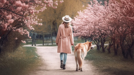 Young woman walking with her dog in a blooming spring garden. AI generated illustrationの素材