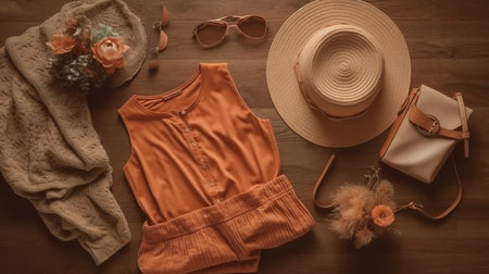 Set of stylish clothes,woman trendy fashion clothes collage on beige, flat lay, top view. Al generated illustrationの素材