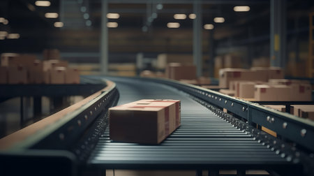 High Tech Factory conveyor belts with cardboard box. AI generated illustrationの素材