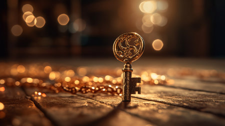 A gold key lies on the ground with a golden sparks background. AI generated illustrationの素材