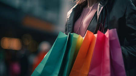 Woman wearing several colorful shopping bags. AI generated illustrationの素材