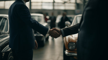 Two men shaking hands in a parking lot, car showroom. AI generated illustrationの素材