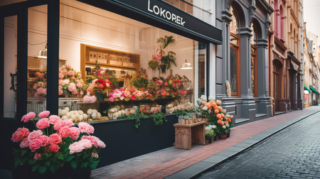 A store front flower shop. Street outdoor view. AI generated illustrationの素材
