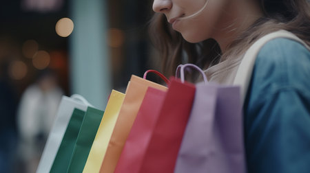 Woman wearing several colorful shopping bags. AI generated illustrationの素材