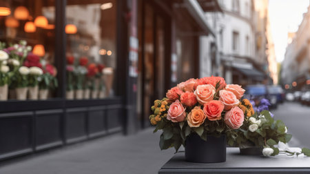 A store front flower shop. Street outdoor view. AI generated illustrationの素材