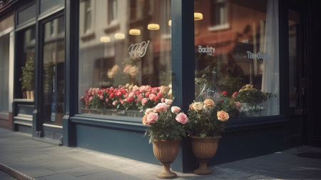 A store front flower shop. Street outdoor view. AI generated illustrationの素材