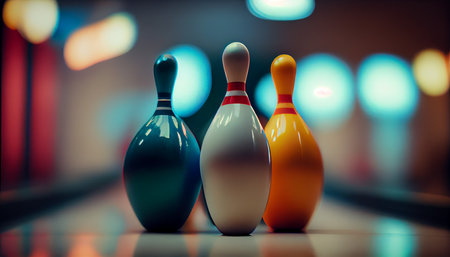 Bowling pins in bowling alley with bokeh background. 3D Renderingの素材