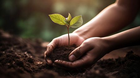 Plant in hands. Ecology concept. Nature background. AI generated illustrationの素材