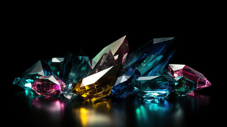 Sparkling multicolored mineral crystals with light rays isolated on black background. AI generated illustrationの素材