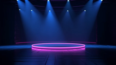The dark stage shows empty dark blue purple pin background. AI generated illustrationの素材