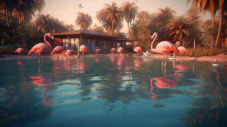 Lot of flamingos in pool photorealistic. Al generated illustrationの素材