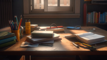 School books on desk photorealistic. AI generated illustrationの素材