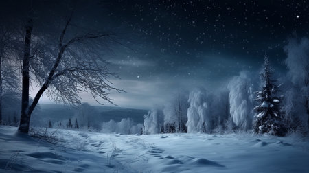 Beautiful winter landscape, tree, mountains and the moon photorealistic. AI generated illustrationの素材