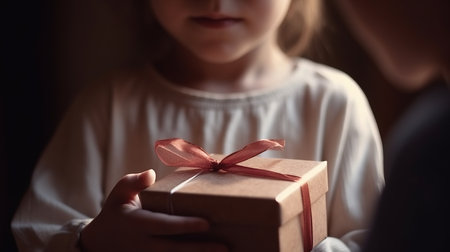 Mothers day kid giving gift mother close-up no face. Al generated illustrationの素材