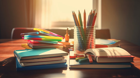 A stack of colored books and pencils on the table. The concept of children's school education. AI generated illustrationの素材
