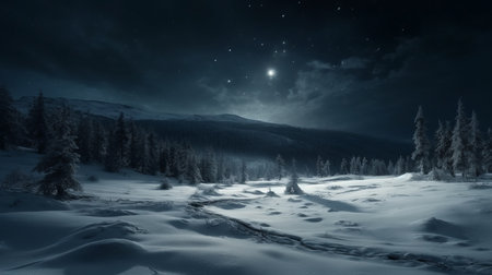 Beautiful winter landscape, tree, mountains and the moon photorealistic. AI generated illustrationの素材