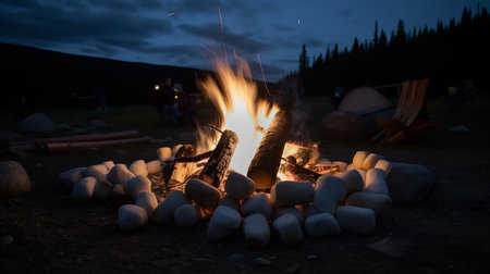 Camping under open sky and roasting marshmallows. AI generated illustrationの素材