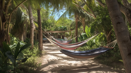 Hammock in the shade of palm trees, summer tropical vacationの素材