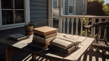 Reading a book on a bench near the houseの素材