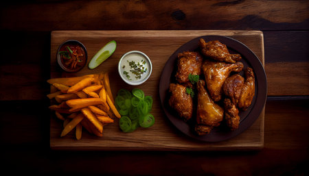 Grilled chicken wings with french fries and sauce on a wooden tableの素材
