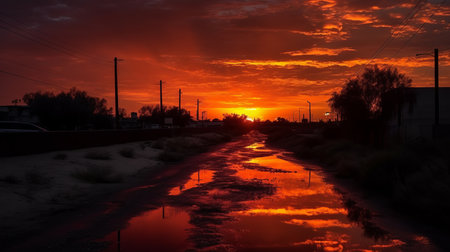 Summer red sunset landscape. AI generated illustrationの素材