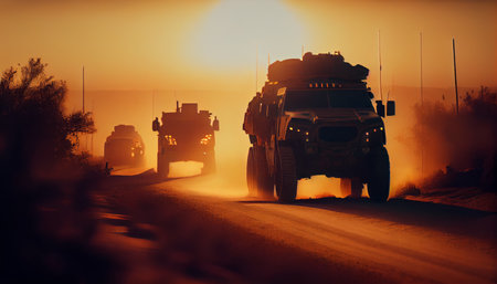 Military vehicles on the road at sunset. Concept of war and military operations.の素材