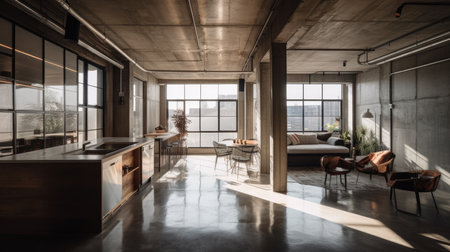 A harmonious blend of wood, metal, and concrete kitchen interior. AI generated illustrationの素材
