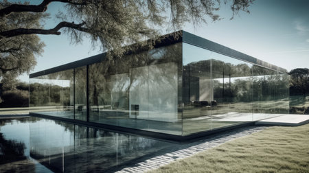 The use of glass and metal finishes gives this building a sleek, futuristic feel. AI generated illustrationの素材