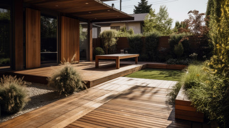 Wooden terrace built around a small, neat lawn. AI generated illustrationの素材