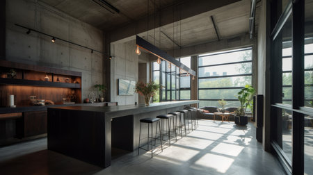 A harmonious blend of wood, metal, and concrete kitchen interior. AI generated illustrationの素材
